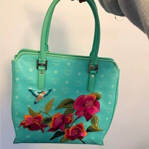 MCM Aqua Floral Embroidered Tote